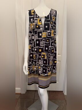 Tacera Black, Gray & Yellow Geometric Midi Dress-1X